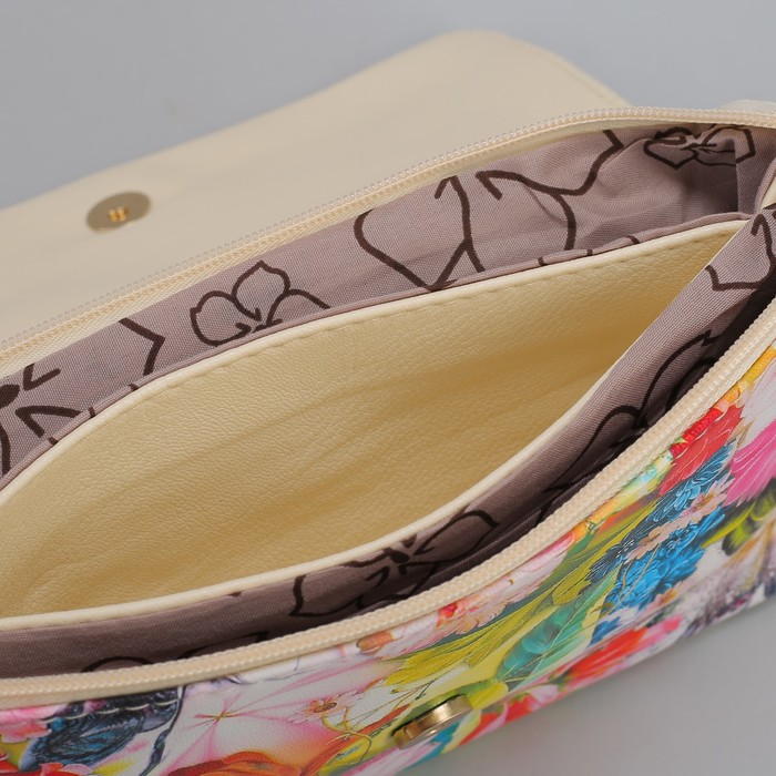 Клатч женский, 3 отдела на молнии, длинный ремень, цвет бежевый