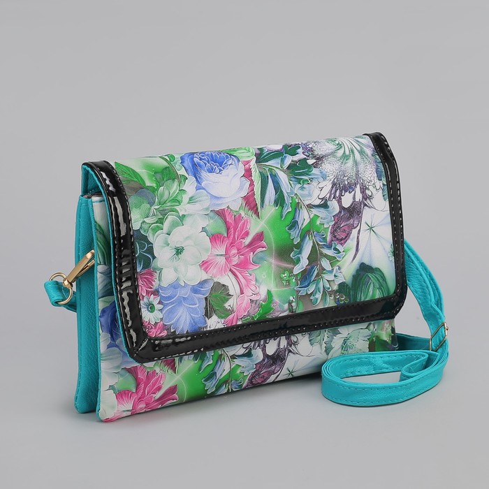 Клатч женский, 3 отдела на молнии, длинный ремень, цвет бирюзовый