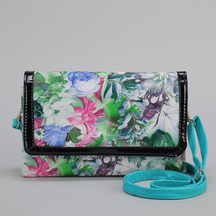 Клатч женский, 3 отдела на молнии, длинный ремень, цвет бирюзовый