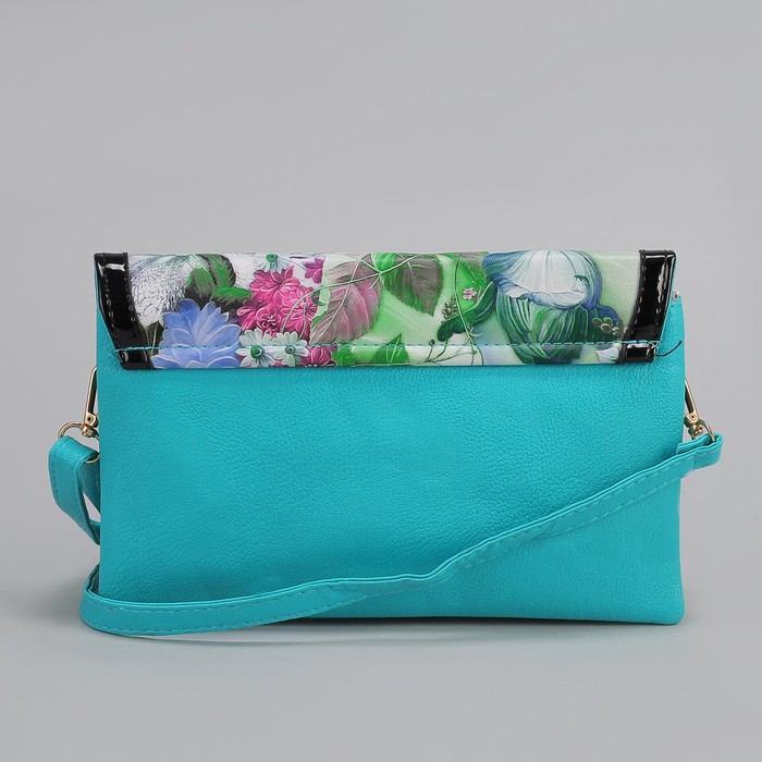 Клатч женский, 3 отдела на молнии, длинный ремень, цвет бирюзовый