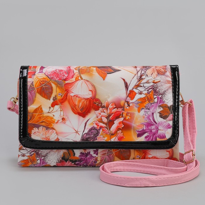 Клатч женский, 3 отдела на молнии, длинный ремень, цвет розовый