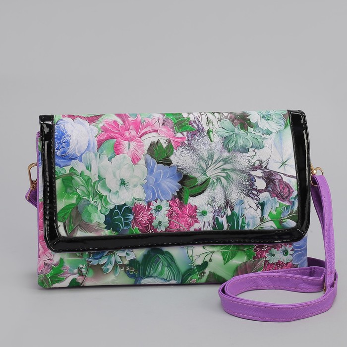 Клатч женский, 3 отдела на молнии, длинный ремень, цвет сиреневый