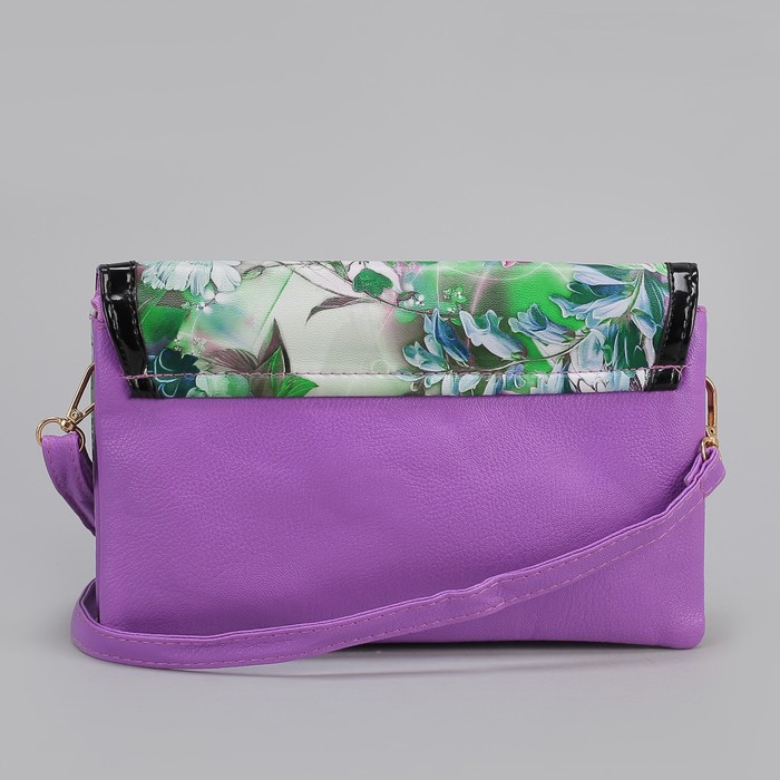 Клатч женский, 3 отдела на молнии, длинный ремень, цвет сиреневый