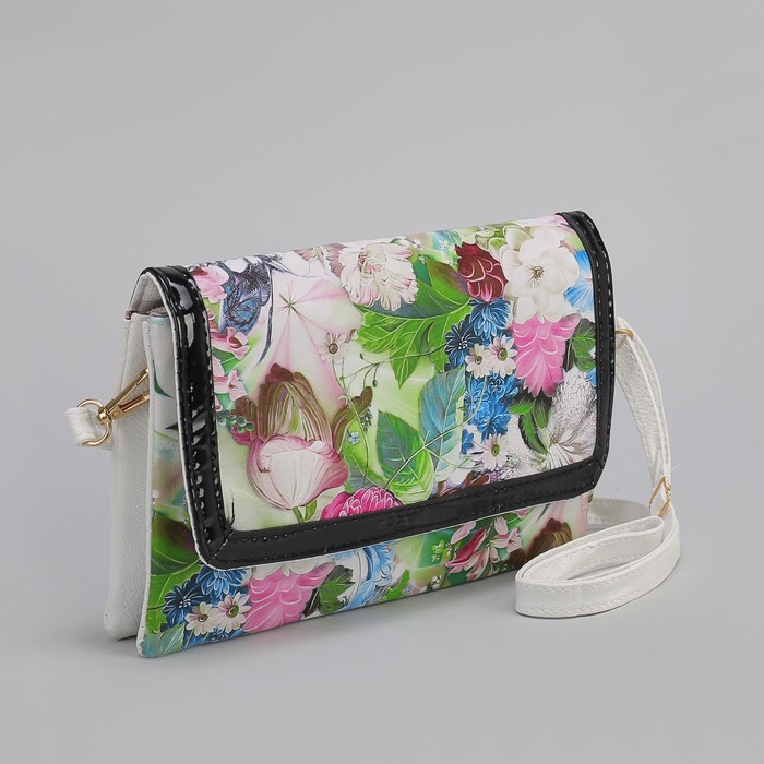 Клатч женский, 3 отдела на молнии, длинный ремень, цвет белый