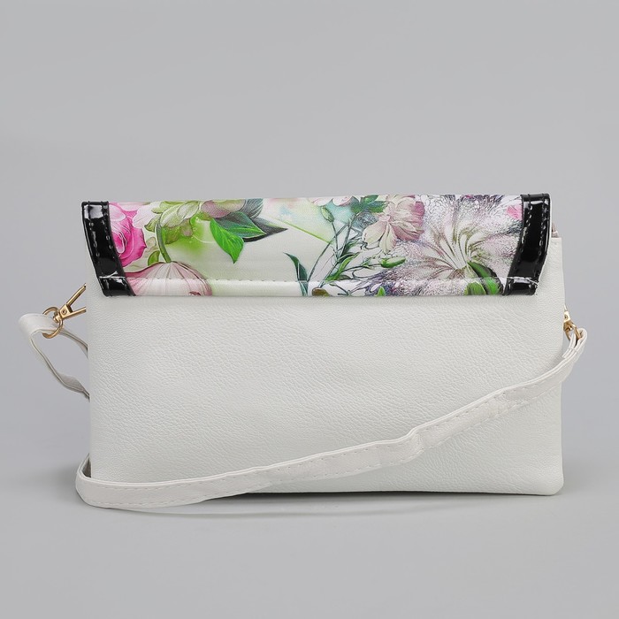 Клатч женский, 3 отдела на молнии, длинный ремень, цвет белый