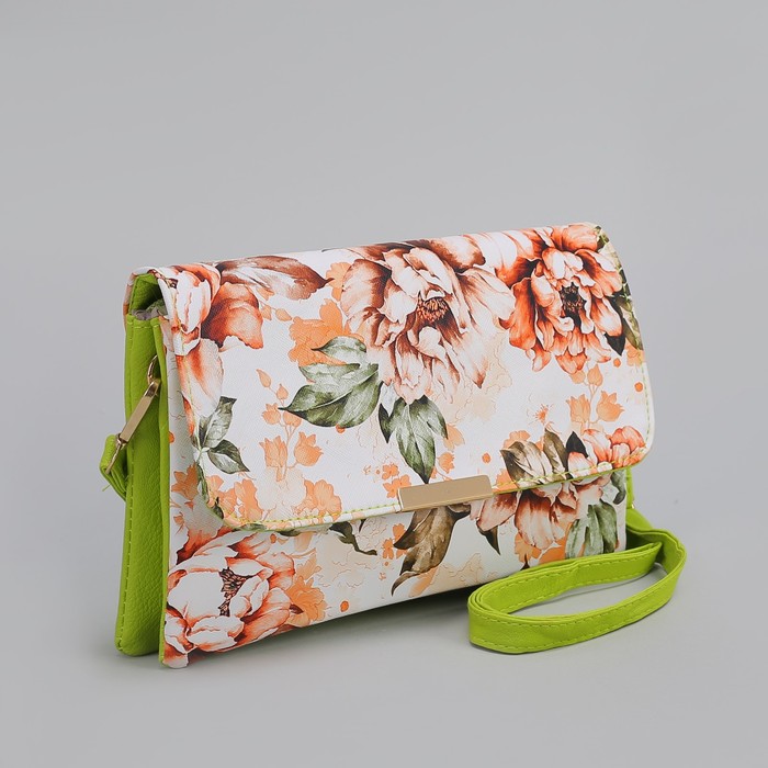 Клатч женский, 3 отдела на молнии, длинный ремень, цвет зелёный