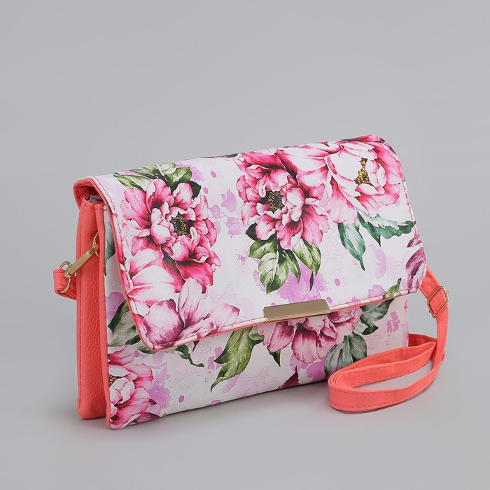 Клатч женский, 3 отдела на молнии, длинный ремень, цвет розовый