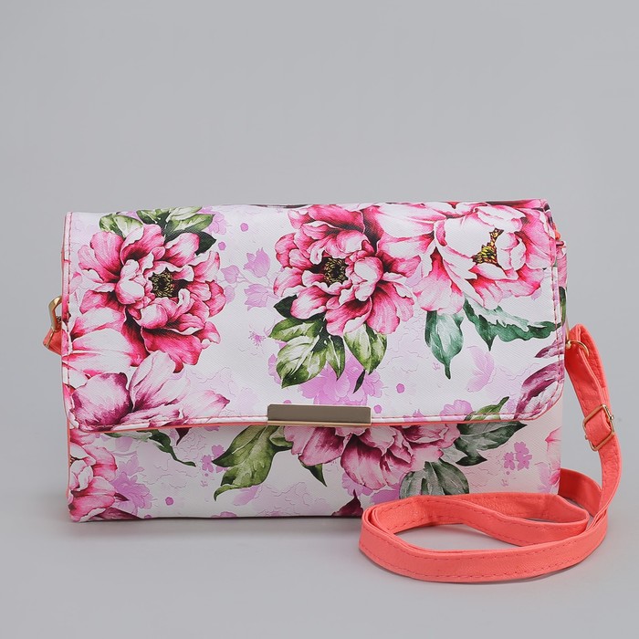 Клатч женский, 3 отдела на молнии, длинный ремень, цвет розовый