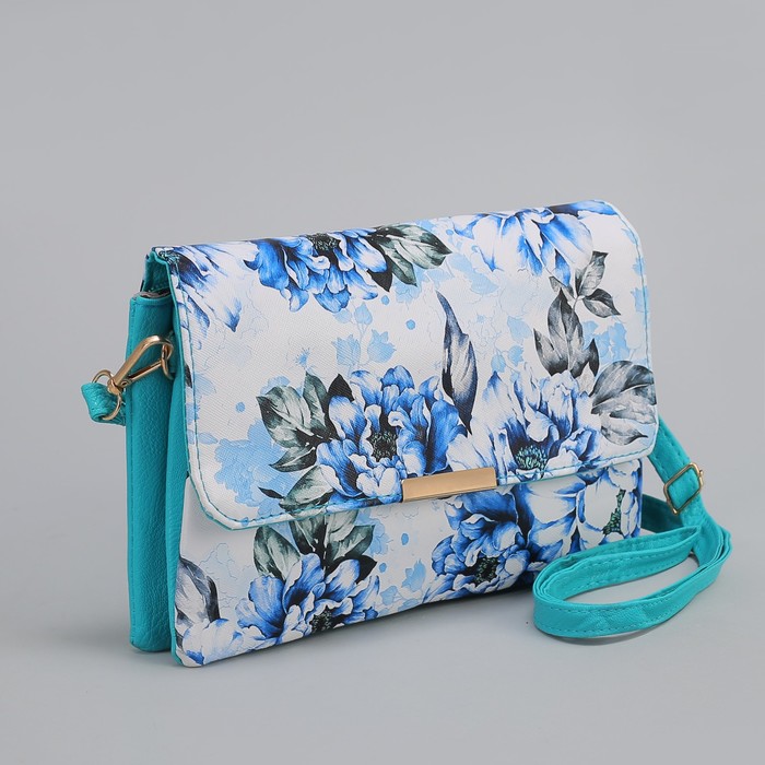 Клатч женский, 3 отдела на молнии, длинный ремень, цвет бирюзовый