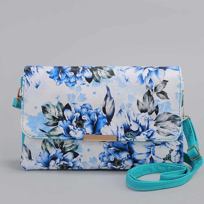 Клатч женский, 3 отдела на молнии, длинный ремень, цвет бирюзовый