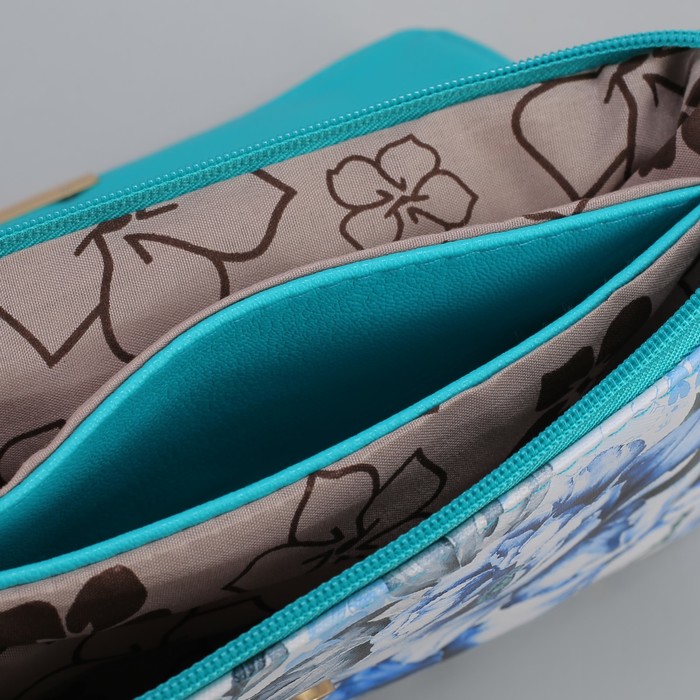 Клатч женский, 3 отдела на молнии, длинный ремень, цвет бирюзовый