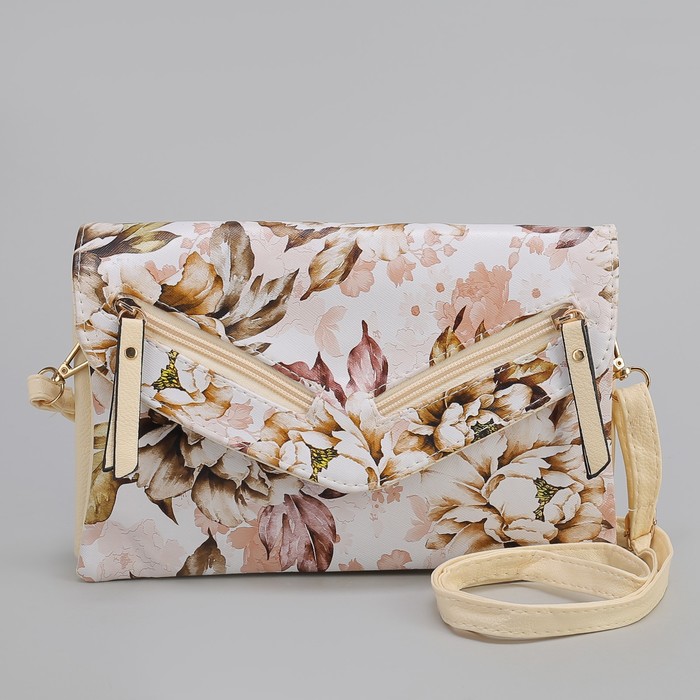 Клатч женский, 3 отдела на молнии, 2 наружных кармана, длинный ремень, цвет бежевый