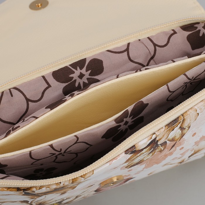 Клатч женский, 3 отдела на молнии, 2 наружных кармана, длинный ремень, цвет бежевый