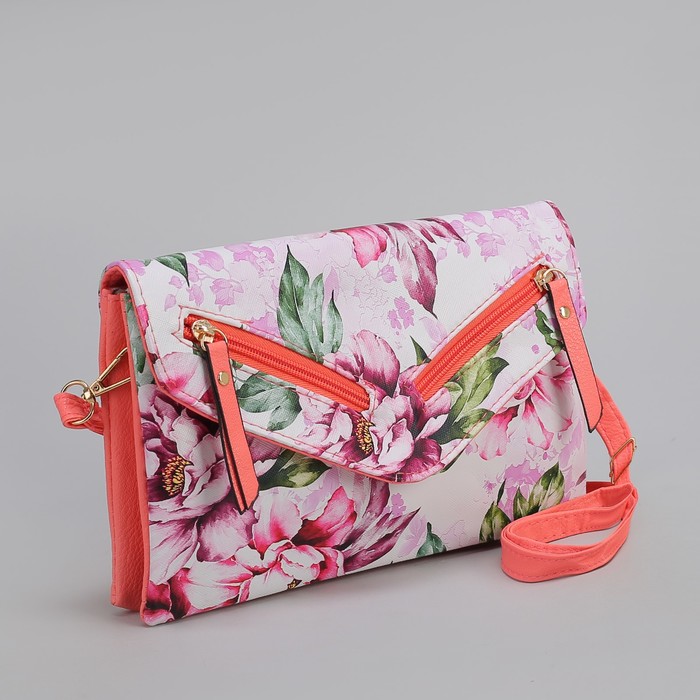 Клатч женский, 3 отдела на молнии, 2 наружных кармана, длинный ремень, цвет розовый