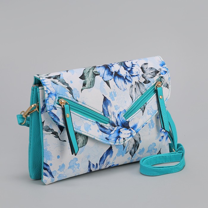 Клатч женский, 3 отдела на молнии, 2 наружных кармана, длинный ремень, цвет бирюзовый