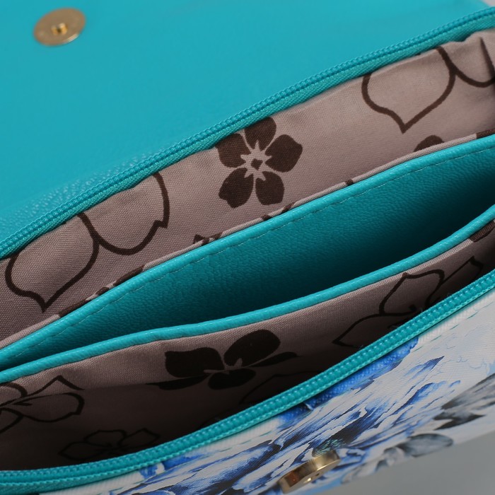 Клатч женский, 3 отдела на молнии, 2 наружных кармана, длинный ремень, цвет бирюзовый