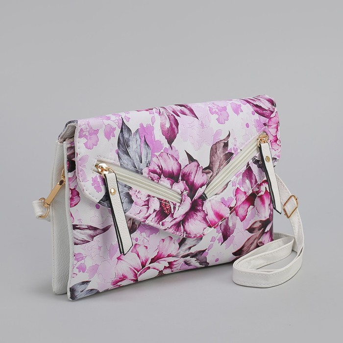 Клатч женский, 3 отдела на молнии, 2 наружных кармана, длинный ремень, цвет белый