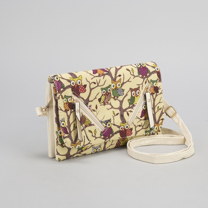 Клатч женский, 3 отдела на молнии, длинный ремень, цвет бежевый