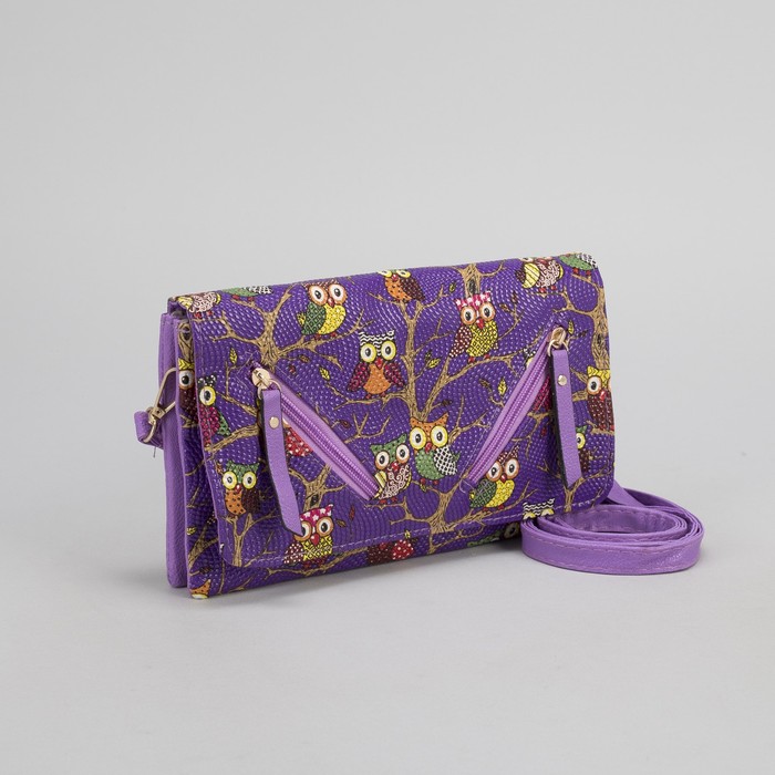 Клатч женский, 3 отдела на молнии, длинный ремень, цвет фиолетовый