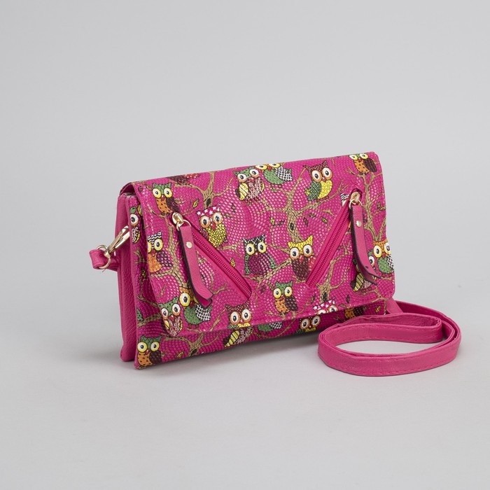 Клатч женский, 3 отдела на молнии, длинный ремень, цвет розовый