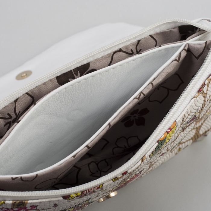 Клатч женский, 3 отдела на молнии, длинный ремень, цвет белый