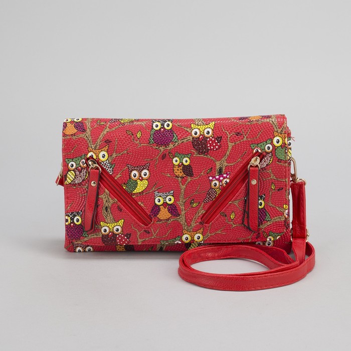 Клатч женский, 3 отдела на молнии, длинный ремень, цвет красный