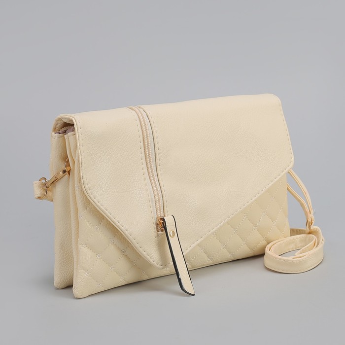 Клатч женский, 3 отдела на молнии, наружный карман, длинный ремень, цвет бежевый