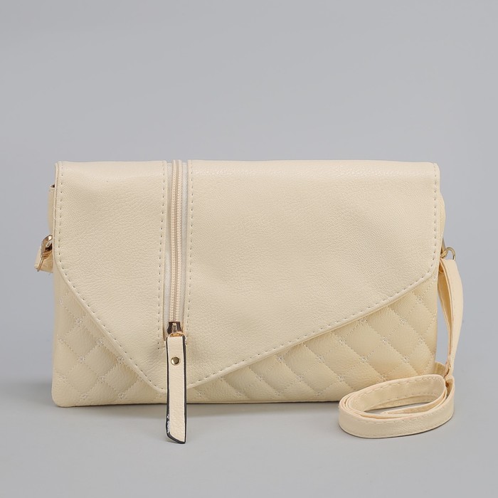 Клатч женский, 3 отдела на молнии, наружный карман, длинный ремень, цвет бежевый