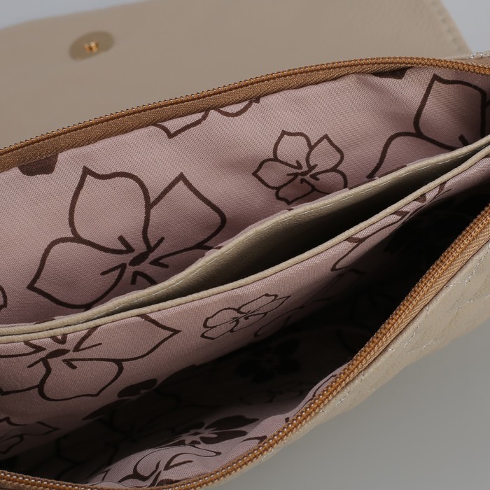 Клатч женский, 3 отдела на молнии, наружный карман, длинный ремень, цвет бежевый