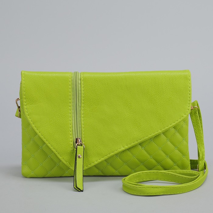 Клатч женский, 3 отдела на молнии, наружный карман, длинный ремень, цвет зелёный