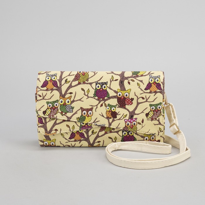 Клатч женский "Сова", 3 отдела на молнии, длинный ремень, цвет бежевый