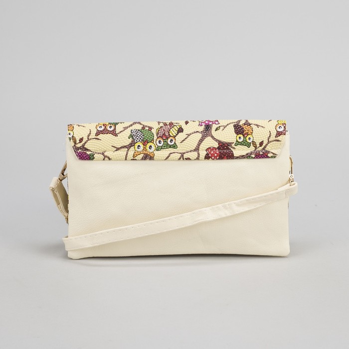 Клатч женский "Сова", 3 отдела на молнии, длинный ремень, цвет бежевый