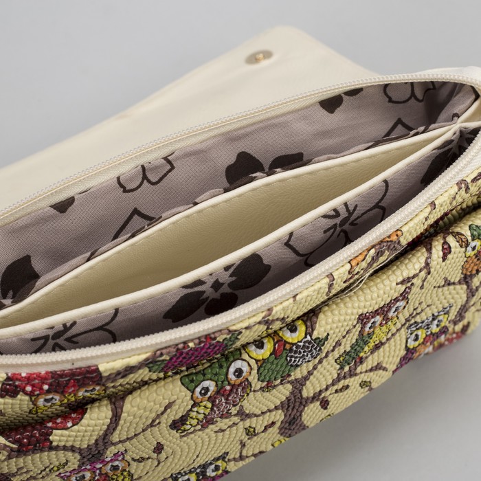 Клатч женский "Сова", 3 отдела на молнии, длинный ремень, цвет бежевый