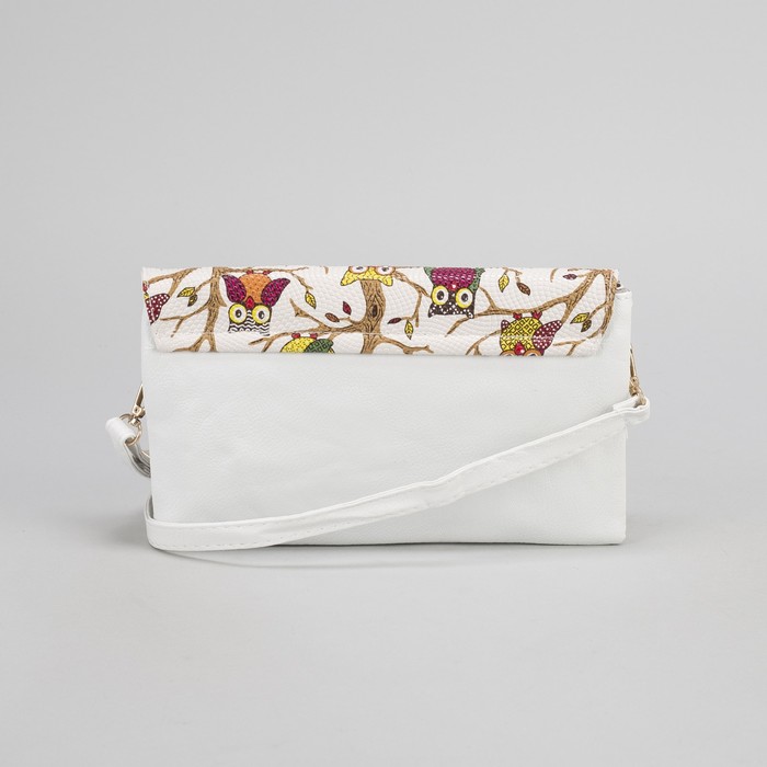 Клатч женский "Сова", 3 отдела на молнии, длинный ремень, цвет белый