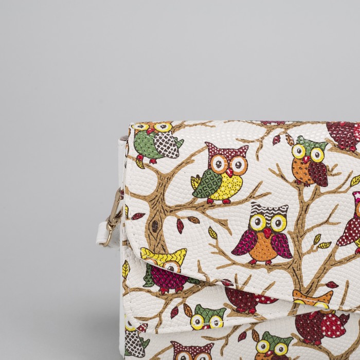 Клатч женский "Сова", 3 отдела на молнии, длинный ремень, цвет белый