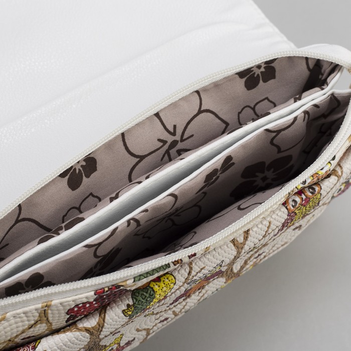 Клатч женский "Сова", 3 отдела на молнии, длинный ремень, цвет белый