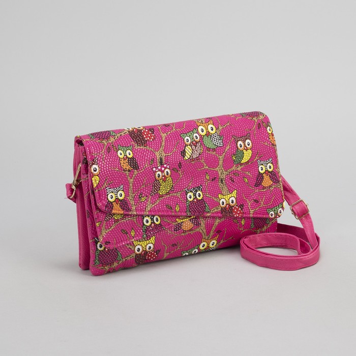 Клатч женский "Сова", 3 отдела на молнии, длинный ремень, цвет розовый