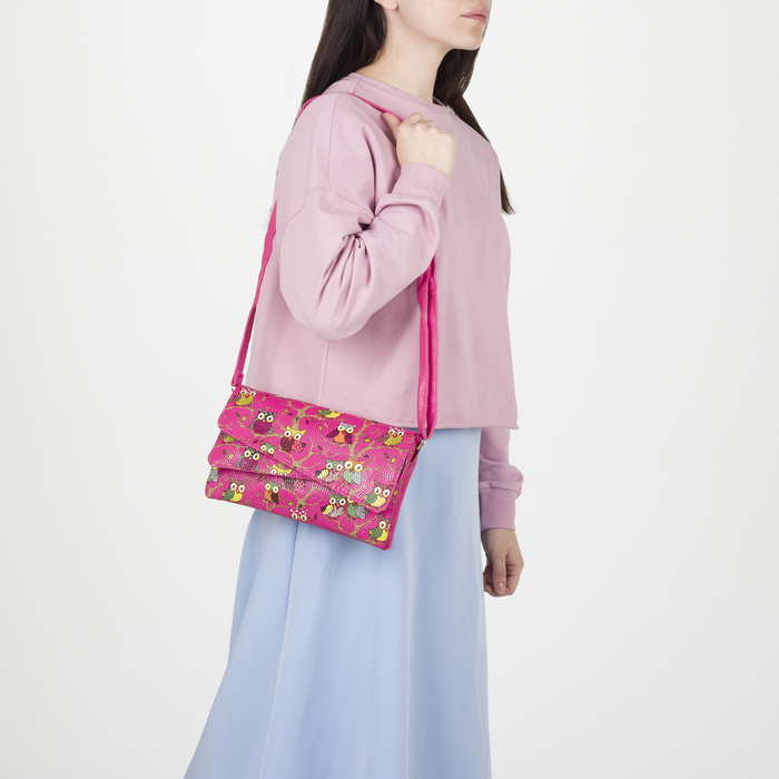 Клатч женский "Сова", 3 отдела на молнии, длинный ремень, цвет розовый