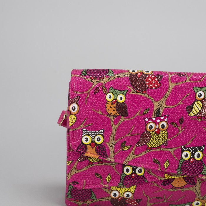Клатч женский "Сова", 3 отдела на молнии, длинный ремень, цвет розовый