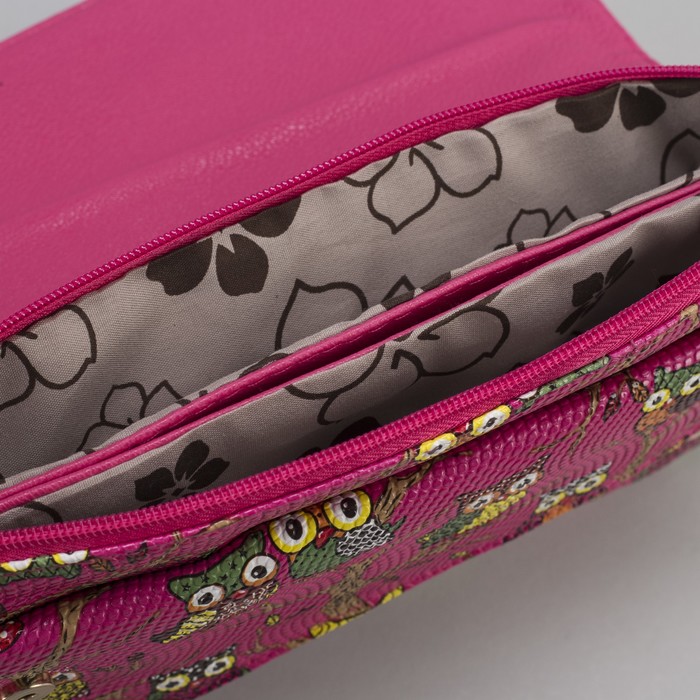 Клатч женский "Сова", 3 отдела на молнии, длинный ремень, цвет розовый