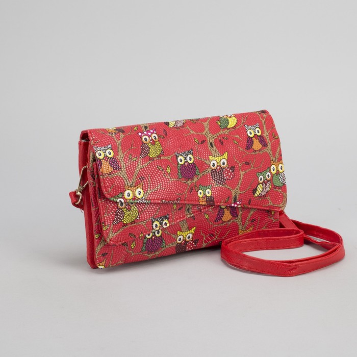 Клатч женский "Сова", 3 отдела на молнии, длинный ремень, цвет красный