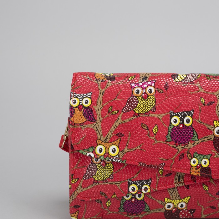 Клатч женский "Сова", 3 отдела на молнии, длинный ремень, цвет красный