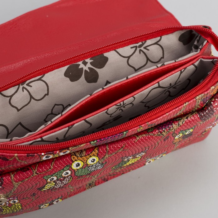 Клатч женский "Сова", 3 отдела на молнии, длинный ремень, цвет красный