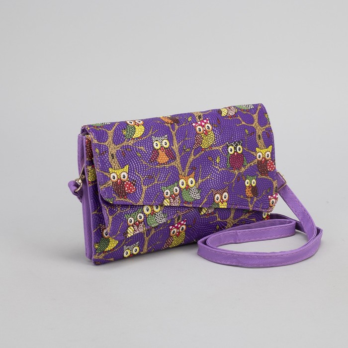 Клатч женский "Сова", 3 отдела на молнии, длинный ремень, цвет сиреневый