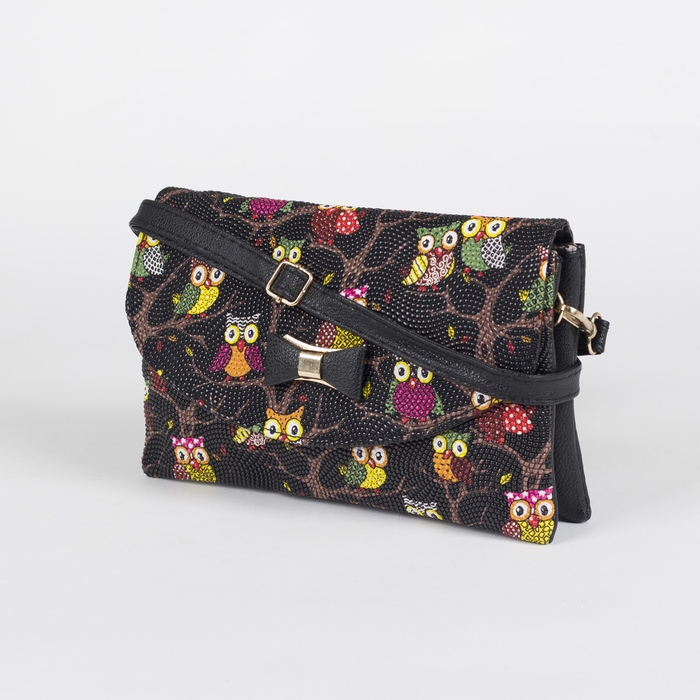 Клатч женский "Сова", 3 отдела на молнии, длинный ремень, цвет чёрный