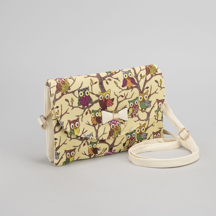 Клатч женский "Сова", 3 отдела на молнии, длинный ремень, цвет бежевый