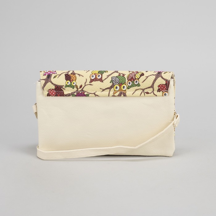 Клатч женский "Сова", 3 отдела на молнии, длинный ремень, цвет бежевый