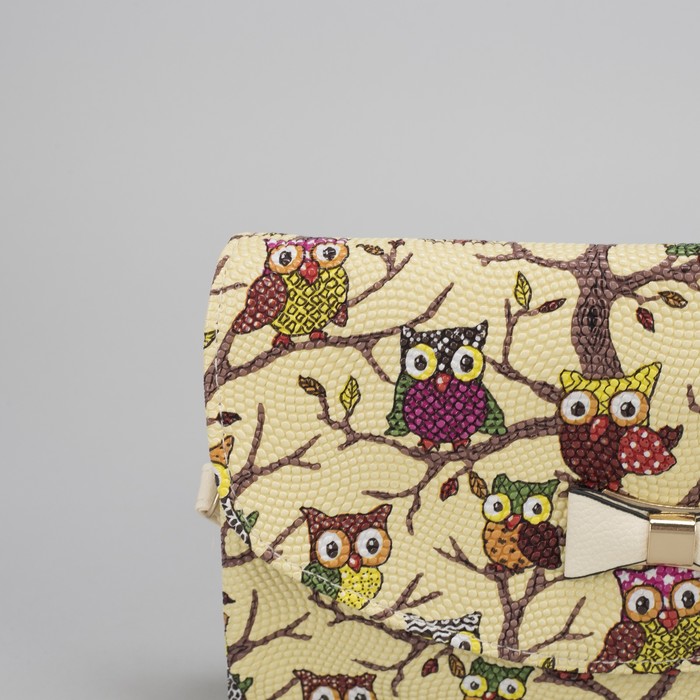 Клатч женский "Сова", 3 отдела на молнии, длинный ремень, цвет бежевый