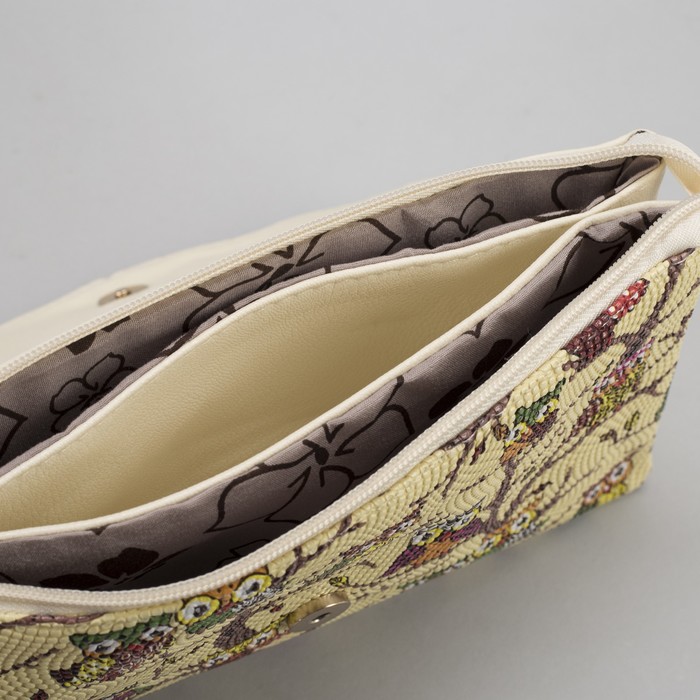 Клатч женский "Сова", 3 отдела на молнии, длинный ремень, цвет бежевый