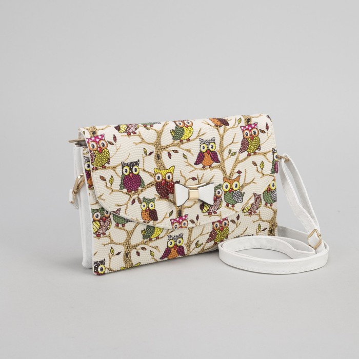 Клатч женский "Сова", 3 отдела на молнии, длинный ремень, цвет белый